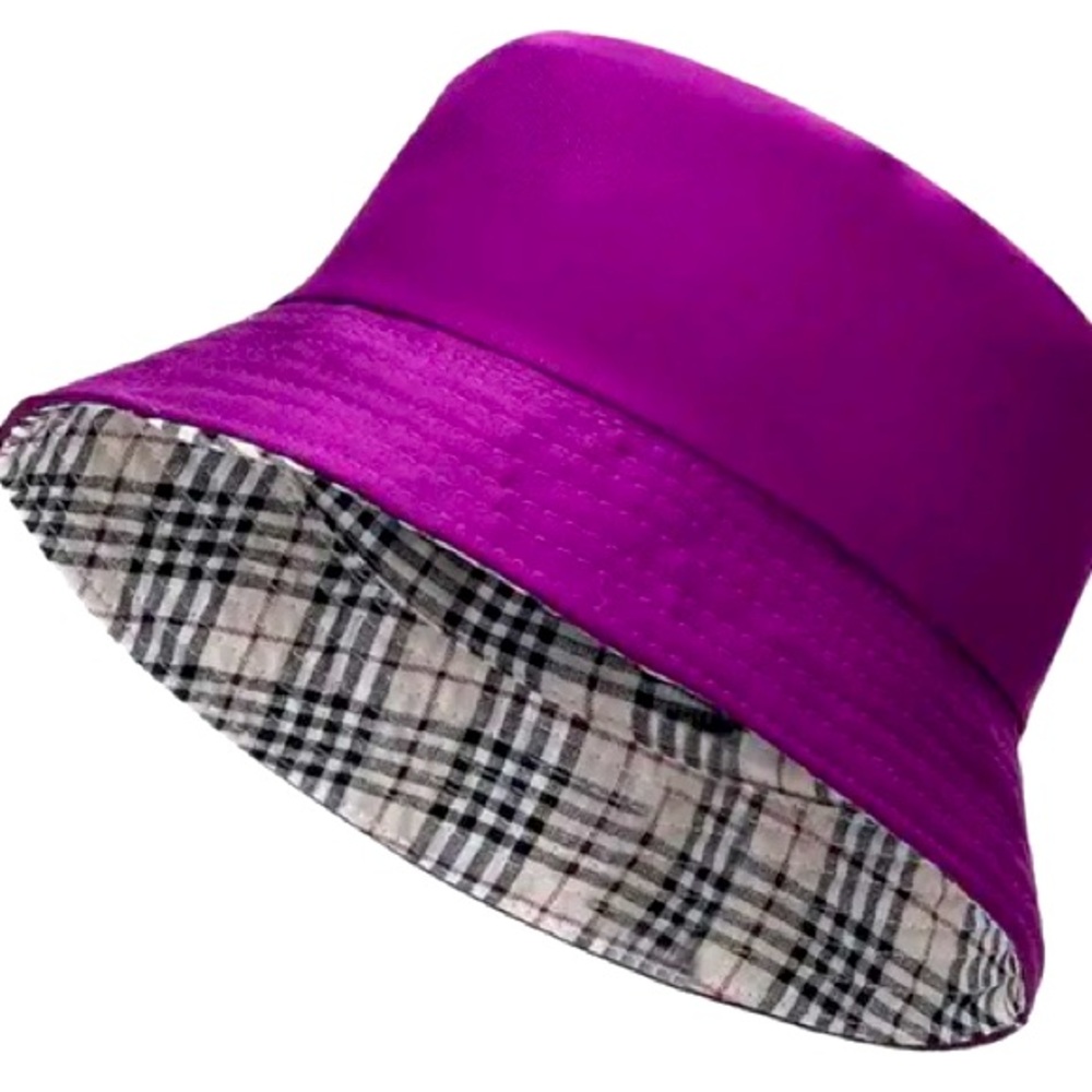 Plaid Bucket Hat with Purple Reversible Lining Bucket Hat